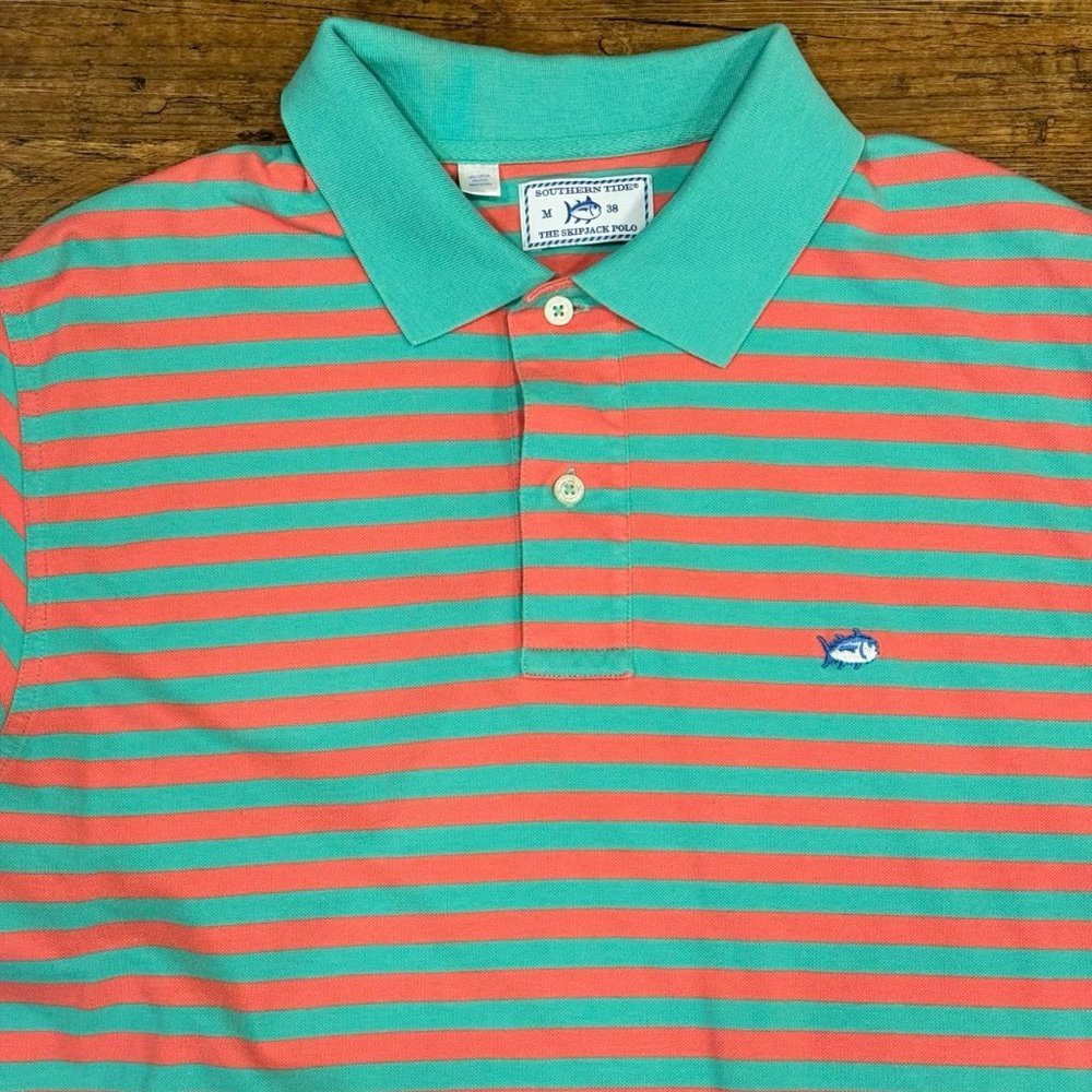 Southern Tide The Skipjack Green Pink‎ Striped Casual Preppy Polo Shirt Men's M